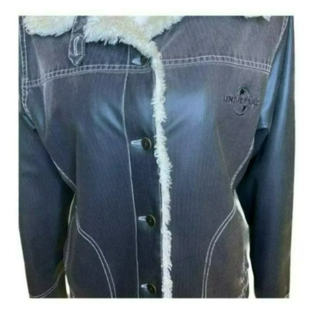 Universal Studios Retro Brown Pinstriped Faux Fur Lined Bomber Jacket Size M - Picture 8 of 15